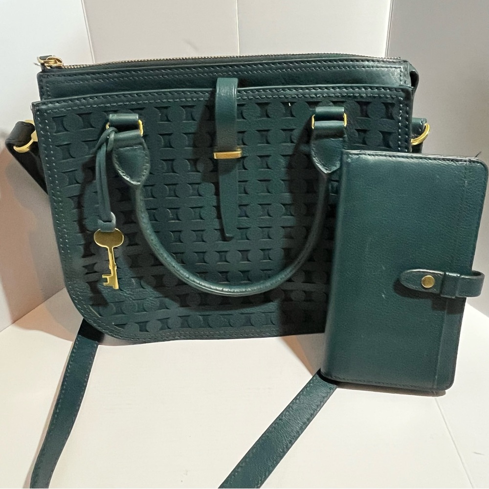 Fossil Green Ryder Satchel Crossbody Signature Jacquard style Leather Bag Wallet